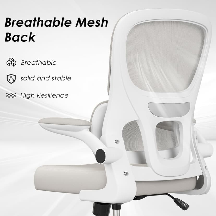 Soohow Office Chair, Mesh Ergonomic Office Chair with Lumbar Support, Comfy Computer Desk Chair with Flip Armrest Rolling Wheels for Home Study Room Office, White & Khaki