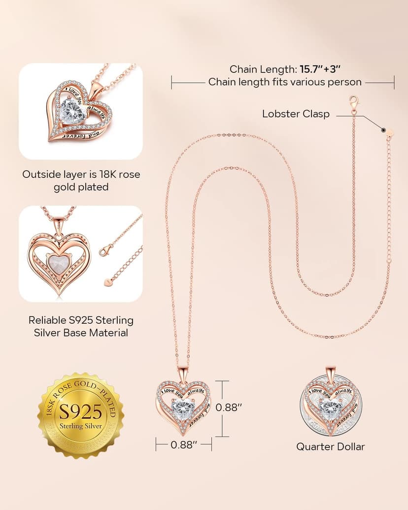 Gifon S925 Sterling Silver Necklace for Women, Wife Jewelry Rose Gold, Mom Birthday Valentines Mothers Day Gifts, Girlfriend Necklaces, Daughter Heart Jewel, Anniversary for Her