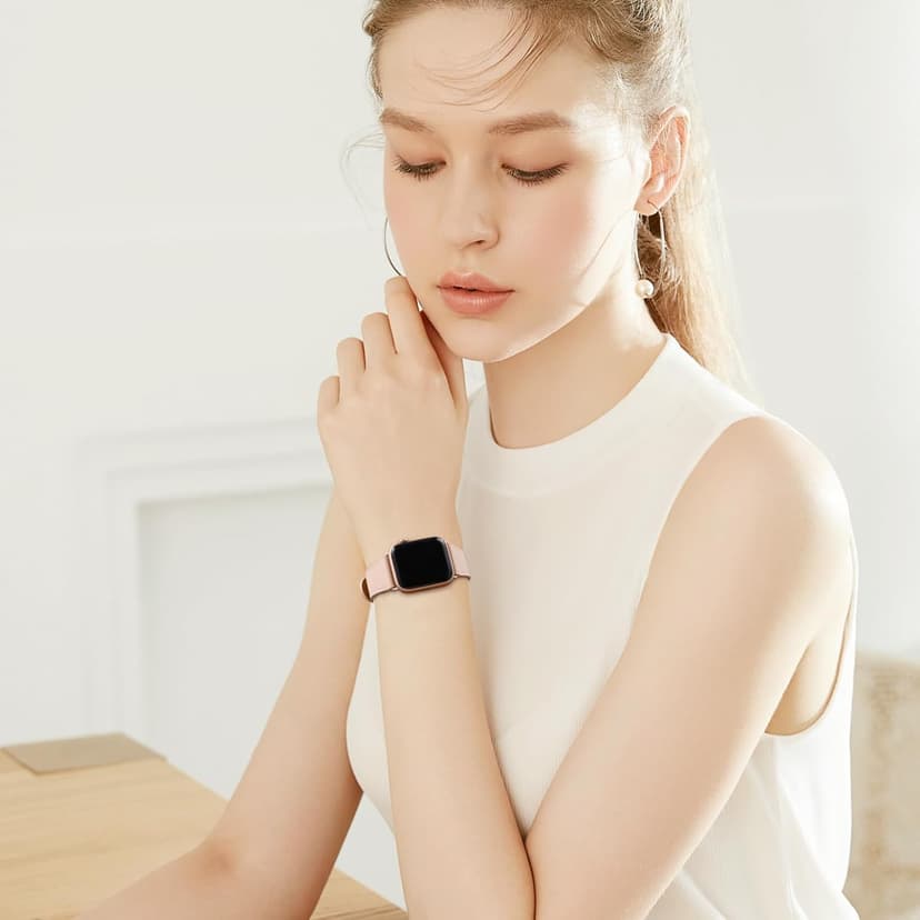 MNBVCXZ Leather Bands Compatible with Apple Watch Band Women, Womens Genuine Replacement Strap for iWatch Series 11 10 9 8 7 6 5 4 3 2 1 SE 3 SE 2 SE (42mm 41mm 40mm 38mm, Pink Sand/Rose Gold)