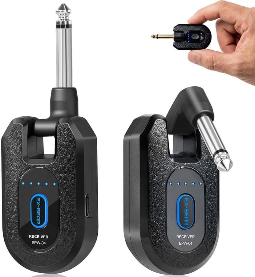 EX GEAR High-Grade Wireless Guitar System 2.4GHz Wireless Guitar Transmitter Receiver Rechargeable, 4 Signal Channel, 235° Rotating Plug, 50m Range for Bass Guitar Electric Instruments
