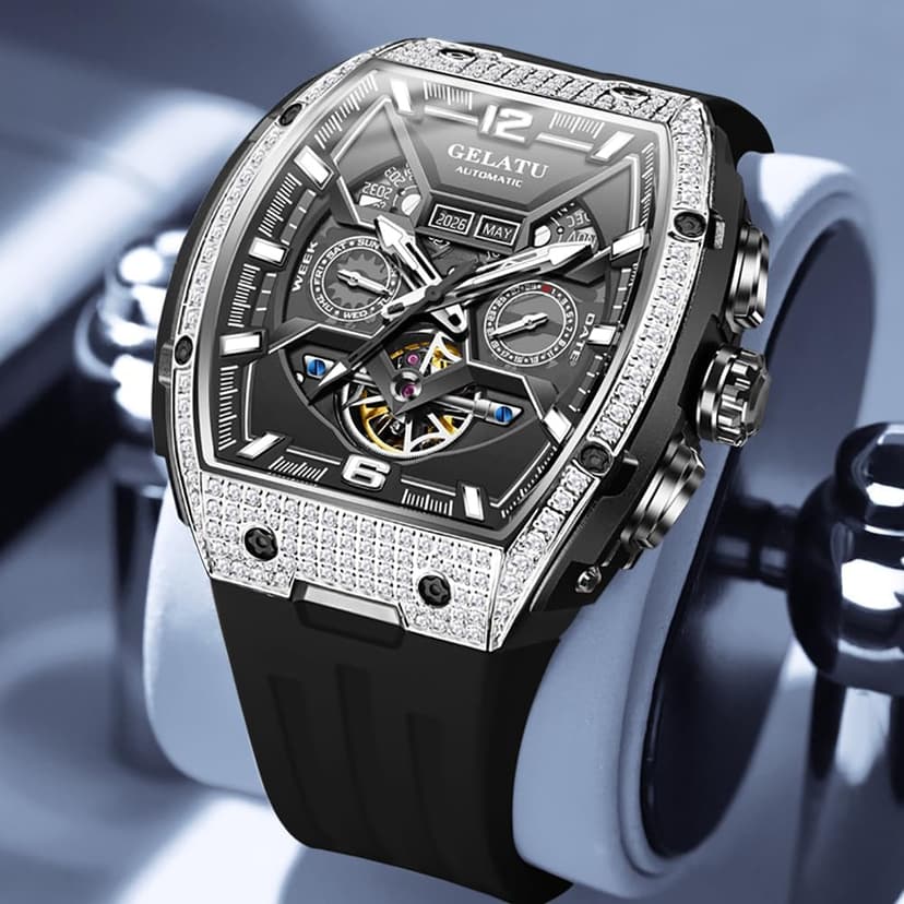 OLEVS GELATU Watch for Men Mechanical Luxury Diamond Watch Skeleton Automatic 50M Waterproof Sapphire Crystal Square Face Multi Calendar Function