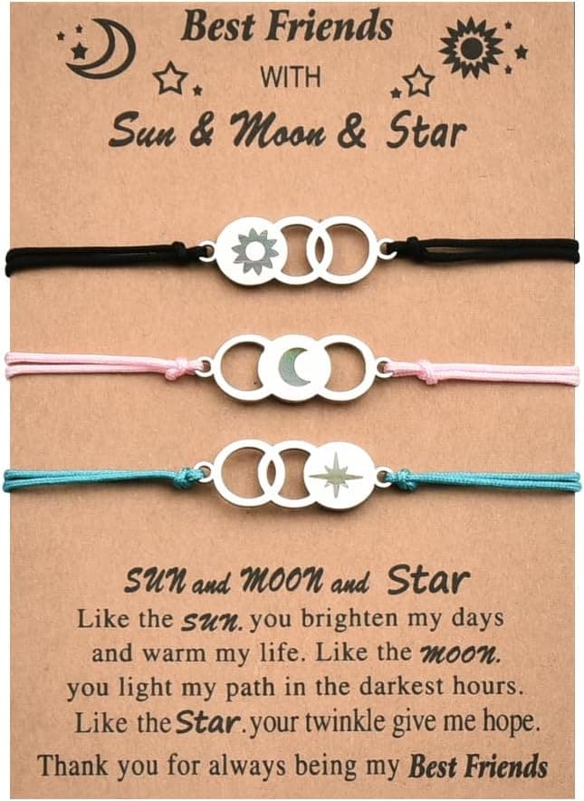 MXXGMYJ Best Friend Bracelets for 3 Colorful Friendship Bracelets Gifts for Women Cute Bestie Birthday Gifts for Her Sun Moon and Star Bracelet Set of 3 Long Distance Best Friends Bracelet Gift Ideas