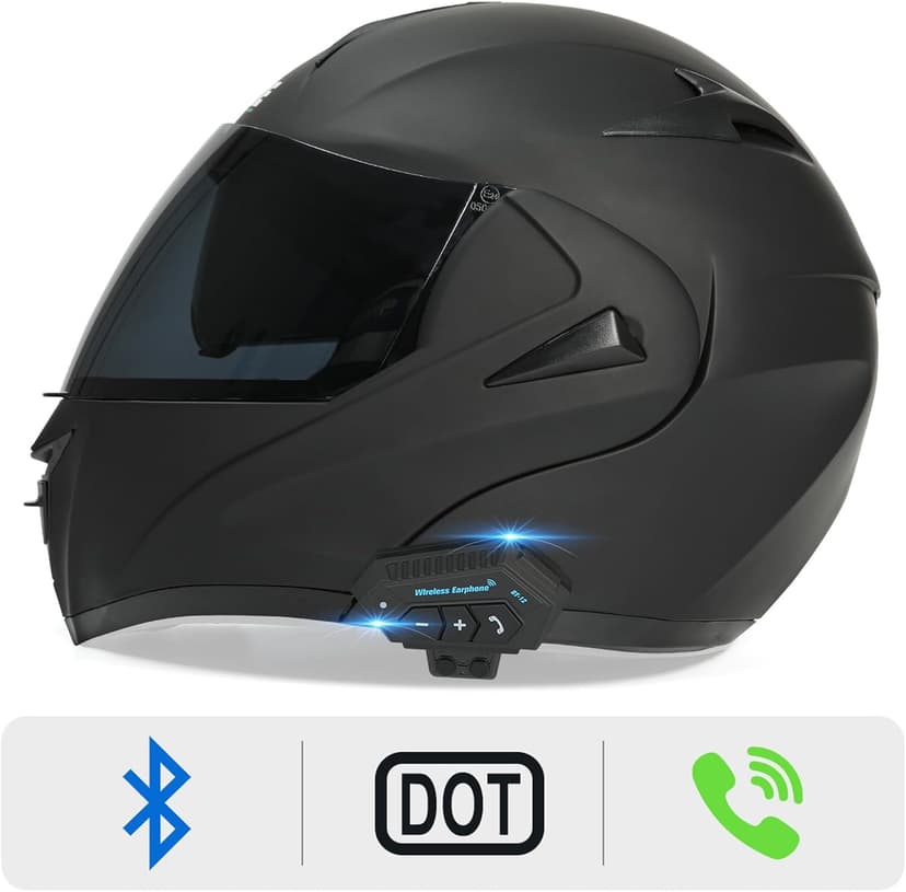 Motorcycle Bluetooth Modular Helmet, DOT Approved Dual Visor Full Face Flip up Bluetooth Integrated Motorcycle Helmets for Adults Men Women