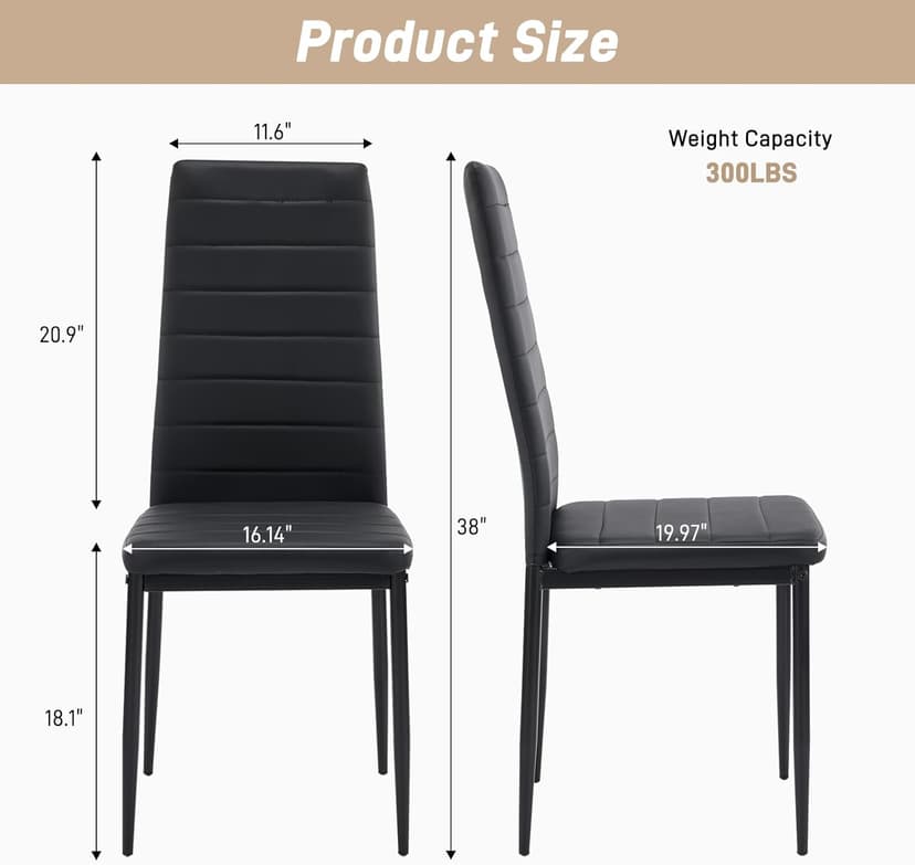 Karl home Dining Chairs Set of 4, PU Leather Balck Kitchen Chairs with Padded High Back & Foot Cap Protection for Dining Kitchen Living Room,300lbs Capacity,Space-Saving