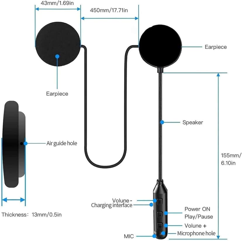 Motorcycle Helmet Bluetooth Headset Speakers with Good Sound,Loud,50 Hours Use,Large Button for Gloves,Fast and Stable Connection,Answer Automatically,Voice Assistant,IPX7 Waterproof,Easy Install