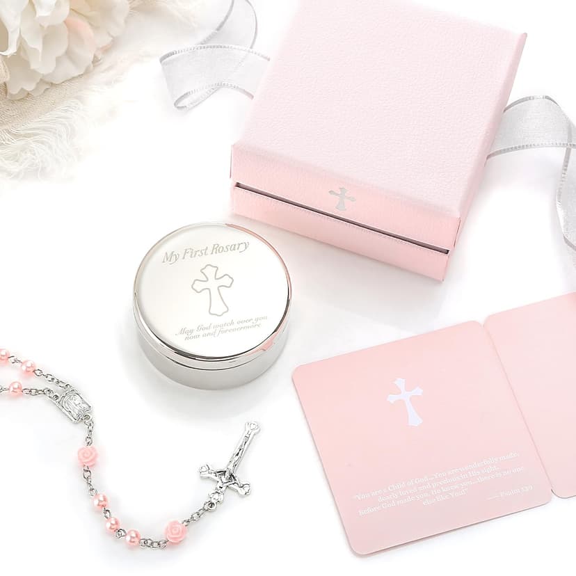 Baptism Gifts for Girl - My First Rosary with Silver-Plated Keepsake Box, Catholic Christening Gift Set, Pink Rosary for Kids, Baptism, First Communion & Baby Dedication Gifts for Girls from Godparent