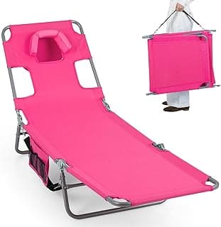 Goplus Tanning Chair, Portable Lightweight 10.5LBS Beach Lounger with Face Arm Holes, Adjustable 5-Position, 330LBS Capacity, Side Pocket, Removable Cushions, Portable Sunbathing Chair for Pool