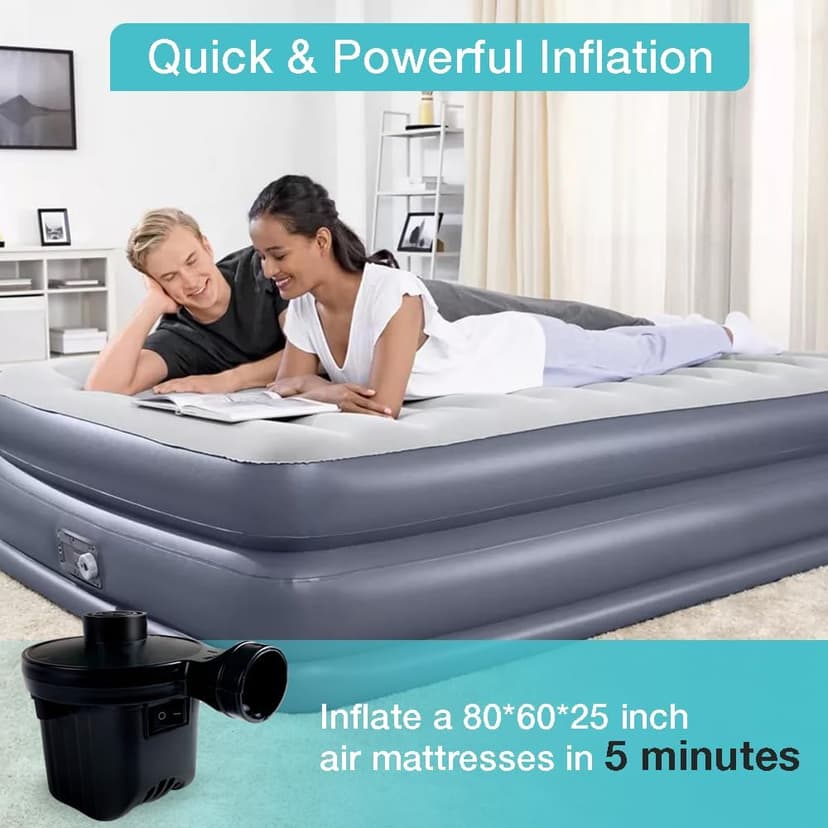 Electric Air Pump,Portable Quick-Fill Air Pump, Air Mattress Pump with 3 Nozzles for Inflatable Boat, Air Mattress Beds,Swimming Ring.Compatible with Home and car Adapter by Inscool (110V AC/12V DC)