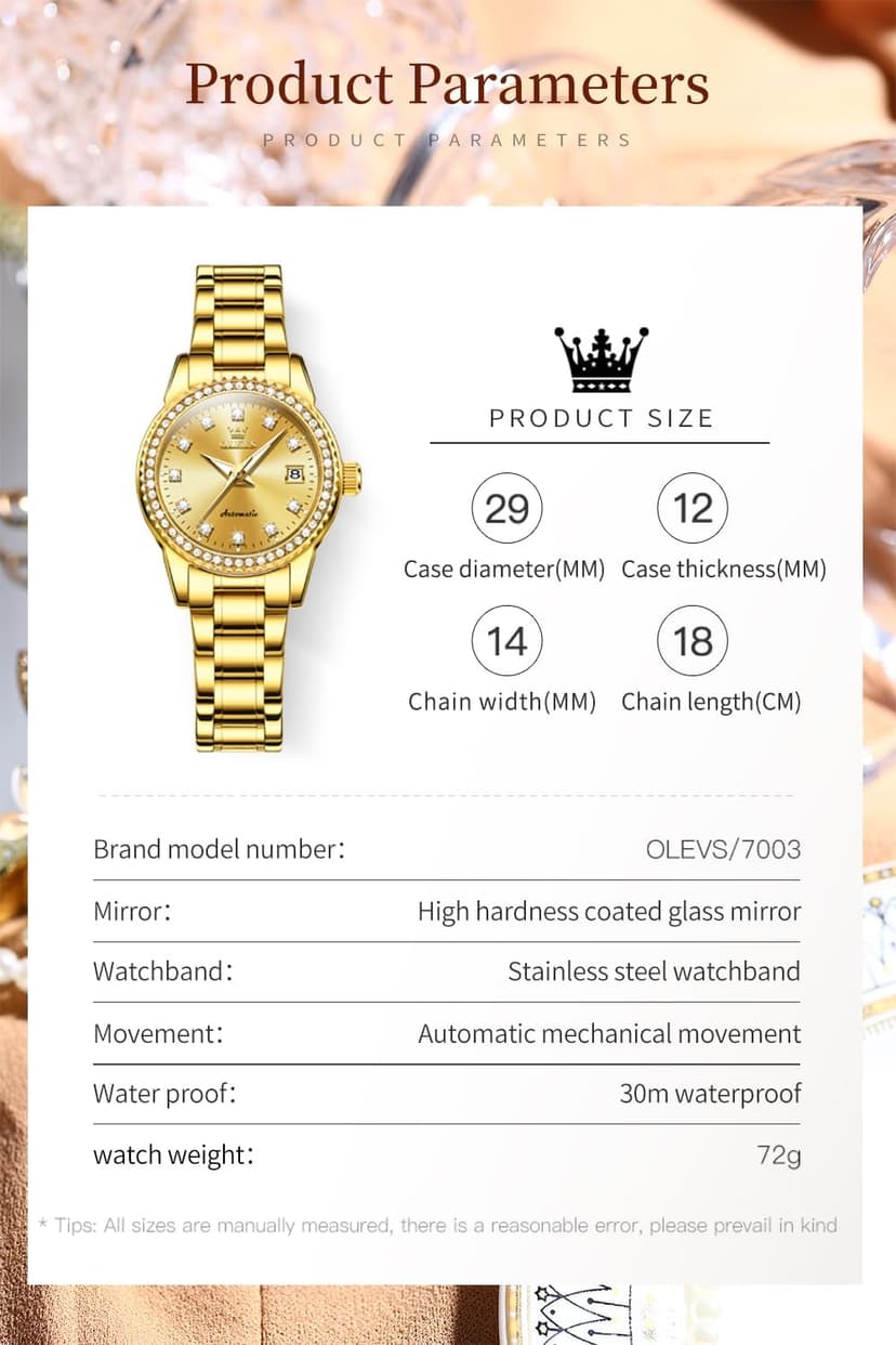 OLEVS Womens Diamond Watches Automatic Mechanical Gold Luxury Dress Ladies Self Winding Original Stainless Steel Wrist Watch