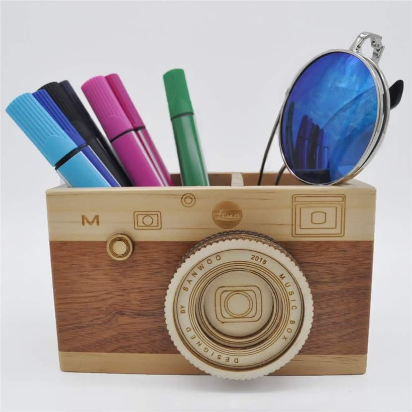 Zak-ka Camera Wooden Pencil Holder Creative Desktop Pencil Holder Stationary Makeup Organizer Decor Holder for Office Home (camera)