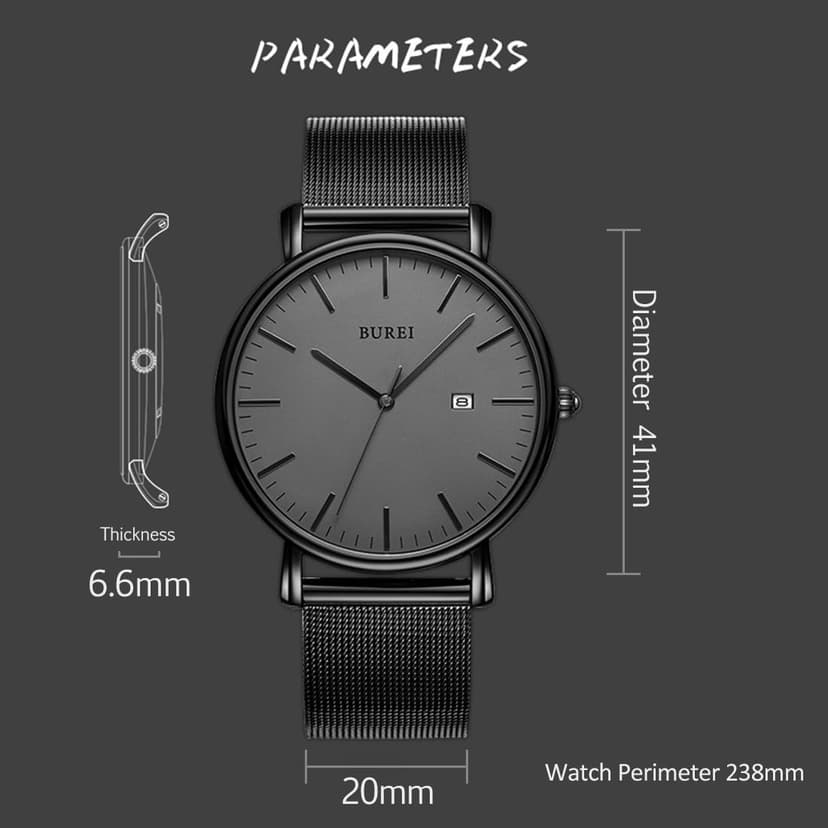BUREI Men Watches Brown Leather Fashion Minimalist Wrist Watch Simple Ultra Thin Waterproof Quartz Watches All Black Stainless Steel Mesh Band,Gift for Men Women