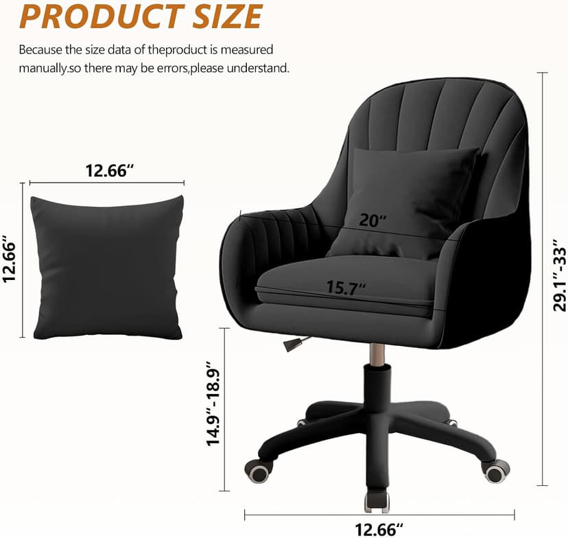 JPBSTO Upholstered Desk Chair with Pillow Swivel Rolling Accent Chair for Women Girls, Adjustable Height Vanity Chair with Wheels for Living Room, Home Office, Black