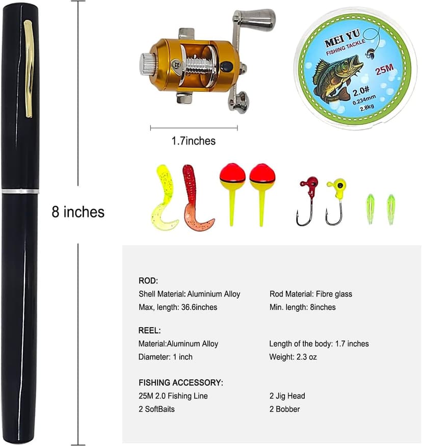 Portable Pocket Mini Pen Fishing Rod and Reel Combos, Small Telescopic 38inches Fishing Pole with Reel Line Bait Hook, for River, Lake, Ice Fishing Etc