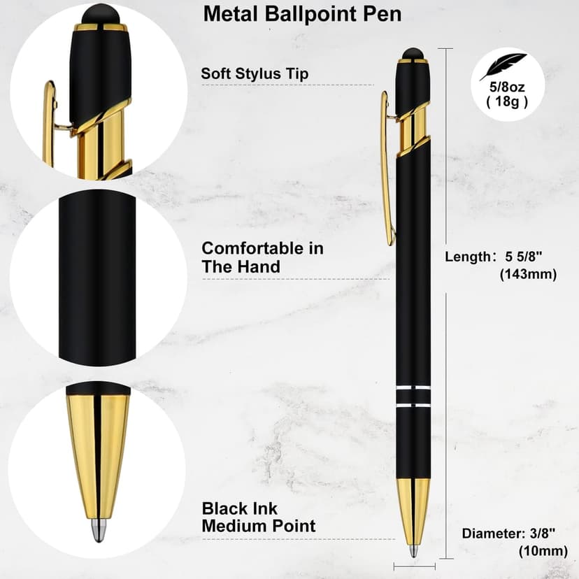 LINFANC 12 Pack Black Gold Ballpoint Pen with Stylus Tip, 1.0 mm Black Ink Smooth Writing Pens, Metal Stylus Pens for Touch Screens