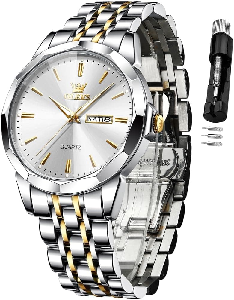 OLEVS Watch for Men Diamond Business Dress Analog Quartz Stainless Steel Waterproof Luminous Date Two Tone Luxury Casual Wrist Watch Blue