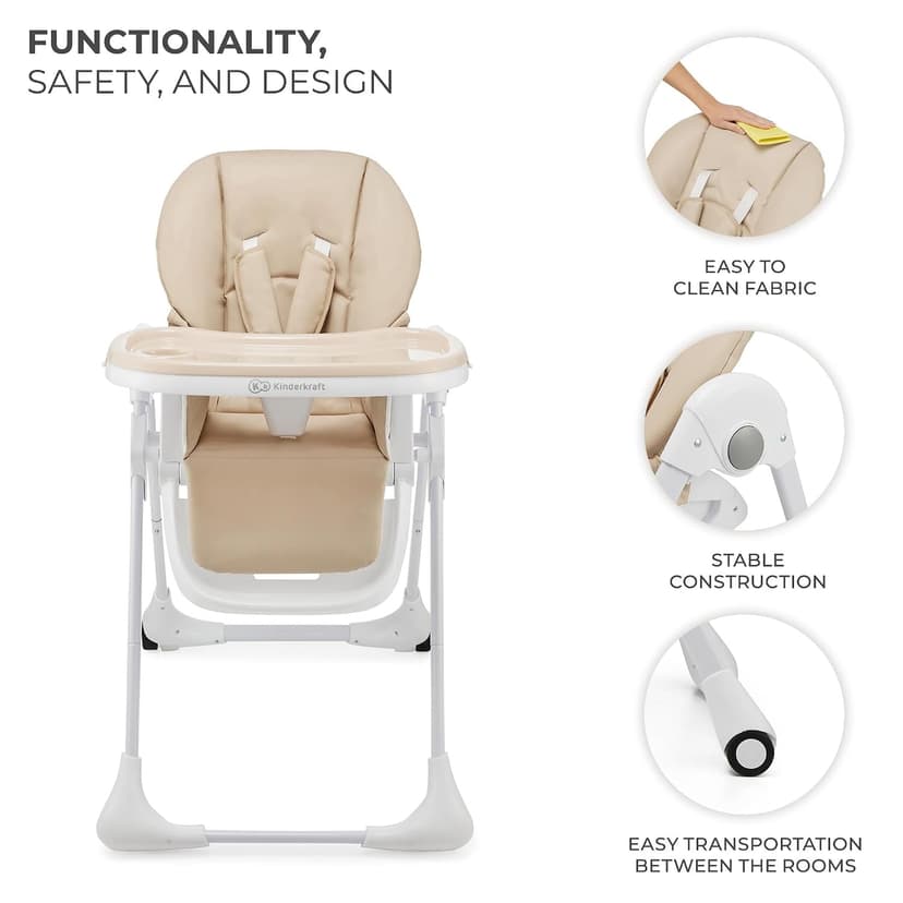 Kinderkraft Tummie, 2-in-1 high Chair, Baby Chair, Ergonomic, Comfortable, Reclining, Foldable, with Ajustable Height, Footrest, Detachable Tray, for Toddler, with Toys, Beige