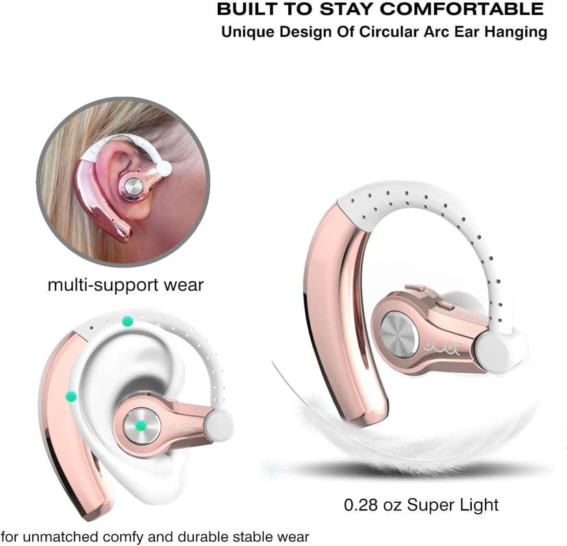 PONYBRO Wireless Headset with Mic,Unmatched Comfy Wireless Earbud w/ 8 Hrs, HiFi Sound Cell Phone Earpiece Hands Free Headphone Compatible with Android/iPhone/Smartphones/Laptop, Rose Gold