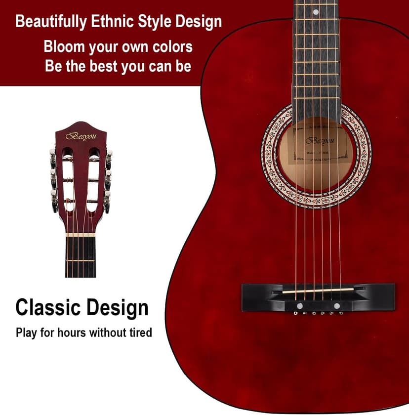 BESYOU 38in Beginner Acoustic Travel Guitar Basic Starter Kit Tuner Capo Strings Winders Strap Picks Pickguard with Gig Bag Starter Practice Guitar For Kids Teens Students Adults