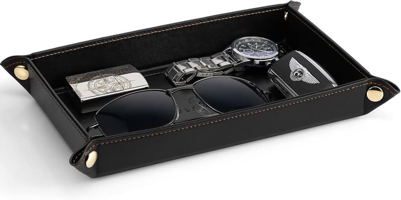 Travel Valet Tray for Keys, Wallet, Watch, Phone and Glasses, Nightstand Dresser Desk Entryway Organizer for Men and Women VLANDO Valet Tray for Men, Foldable PU Leather Catchall Tray, Black B0H5VHQ9Q9