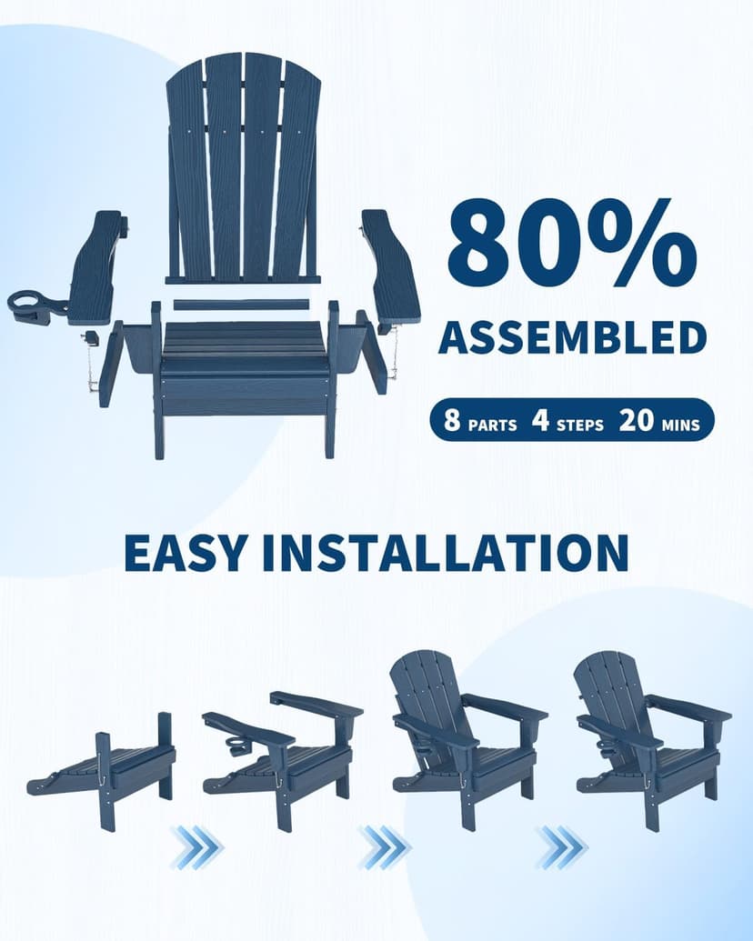 GarveeLife Folding Adirondack Chair Set of 2 with Side Table, All-Weather HDPE Outdoor Chair, Wooden Textured with Cup Holder for patios, Decks, Gardens, fire pits, Navy Blue