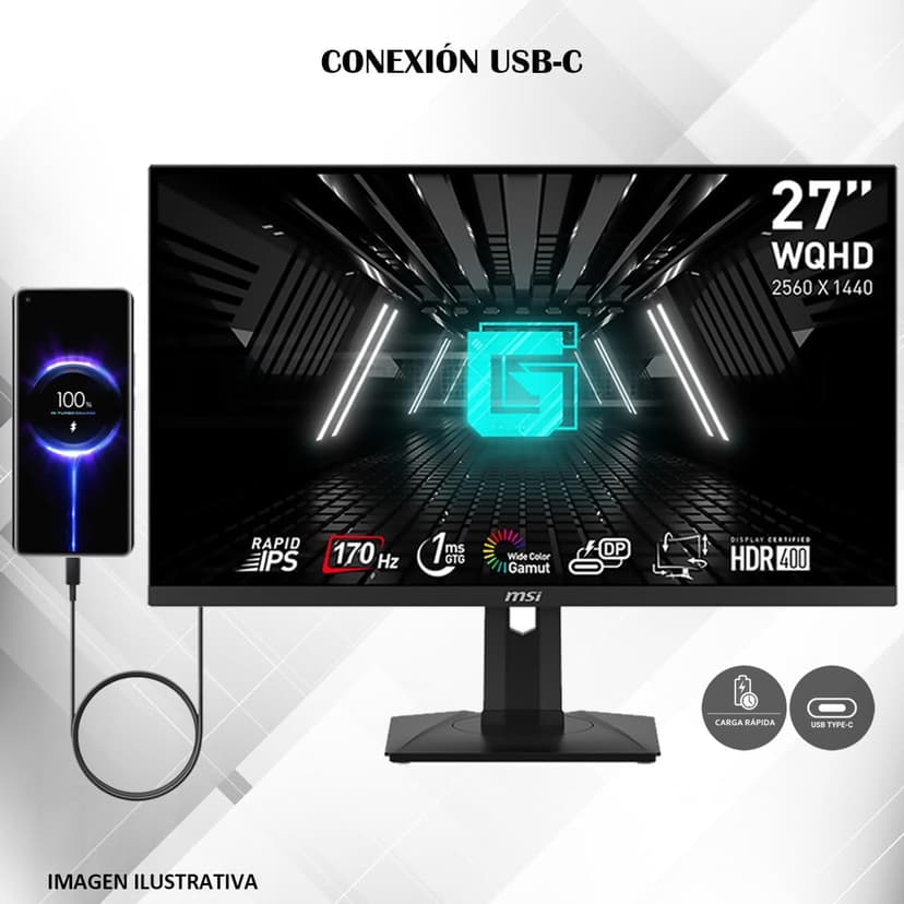 MSI G274QPF, 27" Gaming Monitor • 2560 x 1440 (2K WQHD) • Rapid IPS • 1ms • 170Hz • G-Sync Compatible • HDR 400 • USB-C • HDMI • Displayport • Tilt • Swivel • Height Adjustable • Pivot (Renewed)