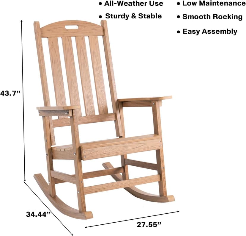 Rocking Chair Indoor Oversized Wooden Slatted Porch Rocker for Outdoor All Weather Lounge Garden Chair Comfortable Seating for Patio Deck Backyard Lawn Fire Pit, Wide Seat and High Back, Teak
