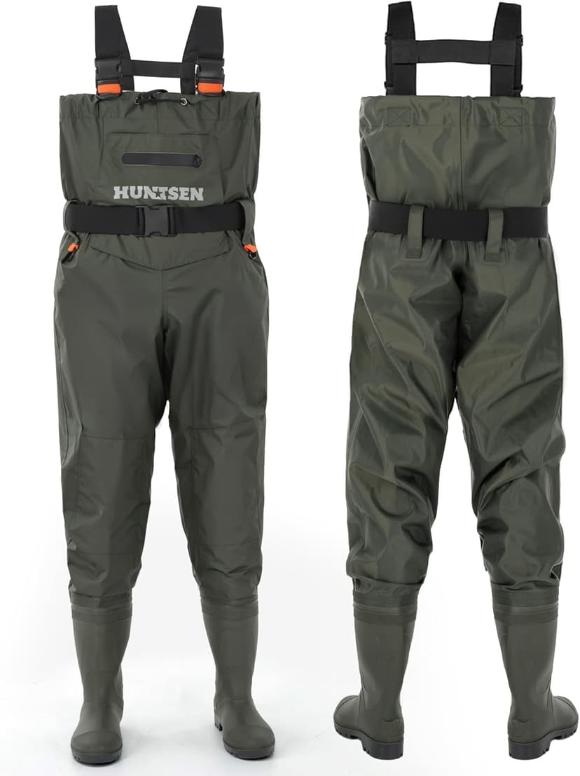 HUNTSEN Fishing Waders for Men Women - 2-Ply Nylon/PVC Waterproof Hunting Chest Waders with Boot Hanger&Phone Case, Size10-12