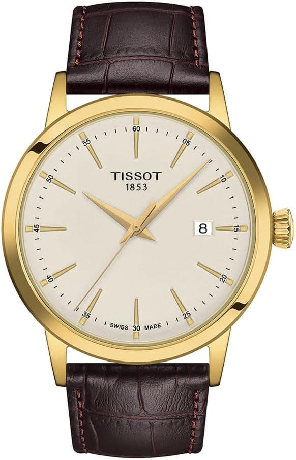 Tissot Mens Tissot Classic Dream 316L Stainless Steel case with Yellow Gold PVD Coating Quartz Watch, Brown, Leather, 22 (T1294103626100)