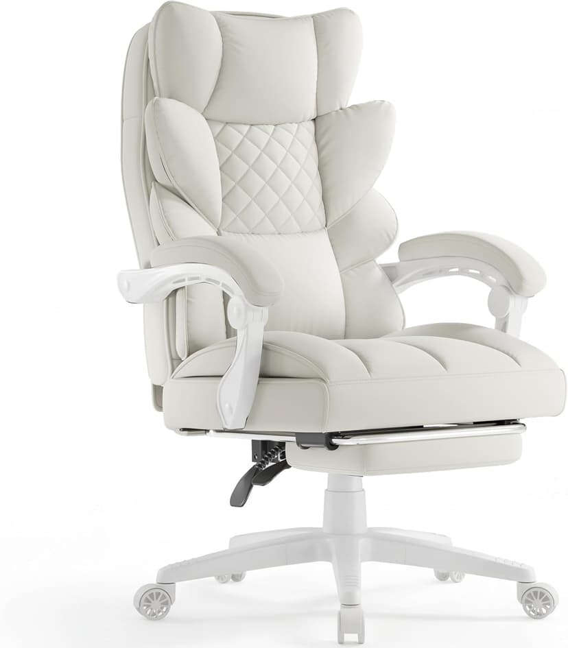 Dowinx Big and Tall Office Chair with Pocket Spring Cushion,High Back Computer Gaming Chairs with Linkage Armrests,Executive Desk Chairs with Footrest,PU Leather-White