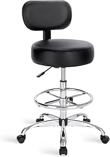 SUPERJARE Drafting Chair with Back, Adjustable Foot Rest Rolling Stool, Multi-Purpose Office Desk Chair, Thick Seat Cushion for Home Bar Kitchen Shop - Black