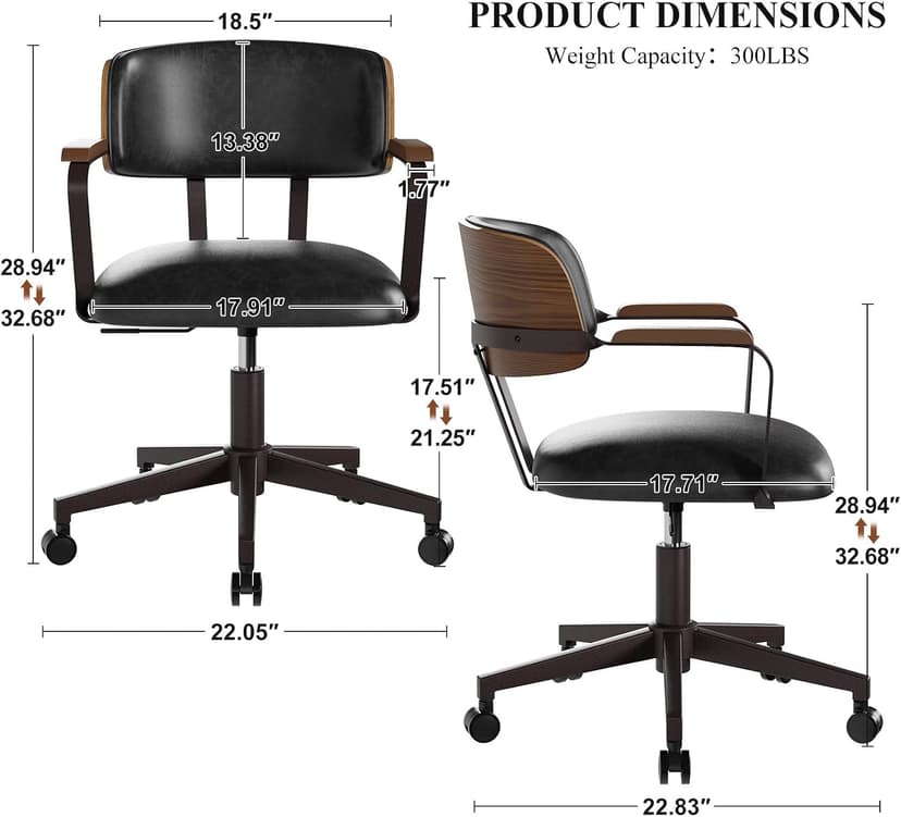 Mid-Century Modern Desk Chair with Walnut Bentwood Design,Retro Home Office Chair with Adjustable Height,360°Swivel,Smooth Rolling Casters,Small Computer Chair PU Leather (Black)