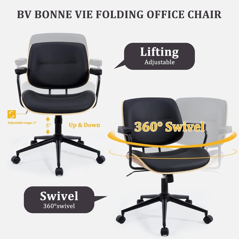 BV BONNE VIE Mid Century Walnut Office Chair with Arms, Adjustable Swivel Desk Chair, Leather Computer Chair with Rolling Wheels for Home Office or Study Room, Black