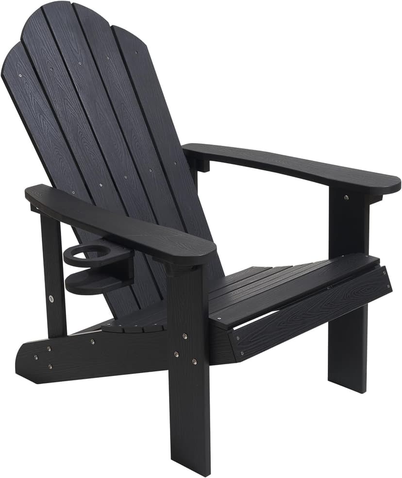 Adirondack Chair,All-Weather Can Used Patio Chair with Cup Holder,Sturdy Outdoor Lawn Chair,Easy Clean Surface and Anti-Tip Safety Features,Black