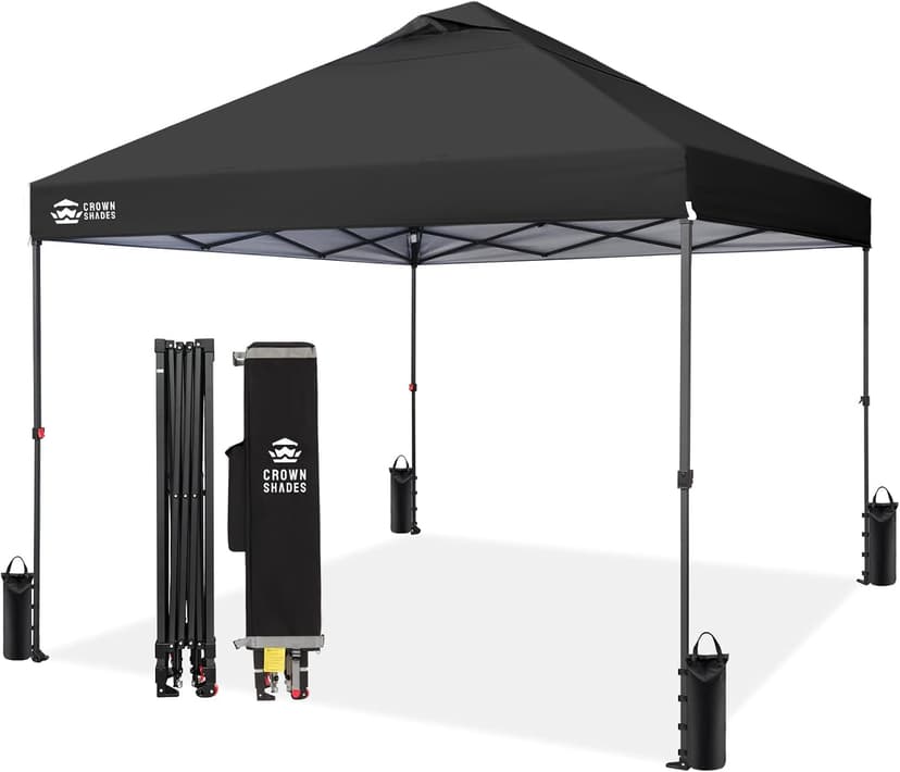 CROWN SHADES 10x10 Pop Up Canopy Tent - Patented Center Lock One Push Instant Outdoor Canopy Beach Tent with STO-N-Go Bag 8 Stakes & 4 Sand Bags,Black