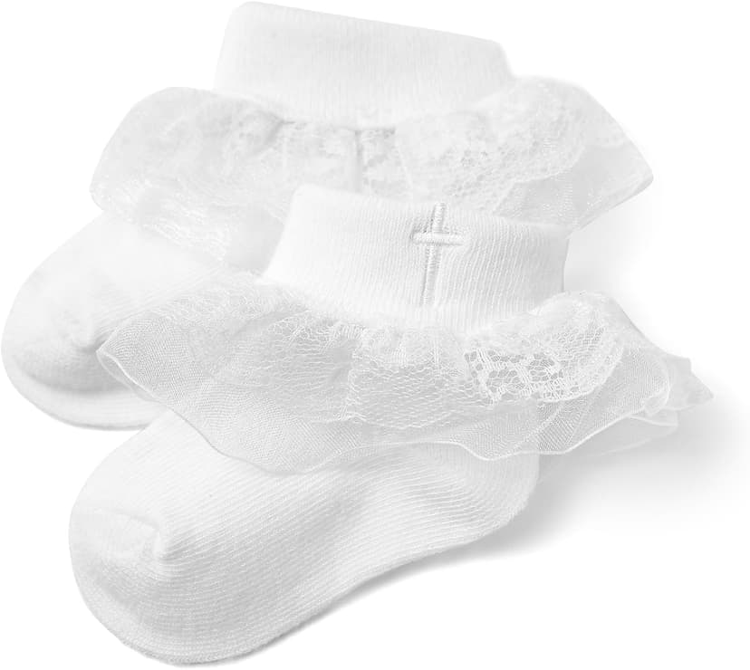 Baptism Socks for Baby Girls - White Newborn Christening Socks With Cross & Eyelet Frilly Lace
