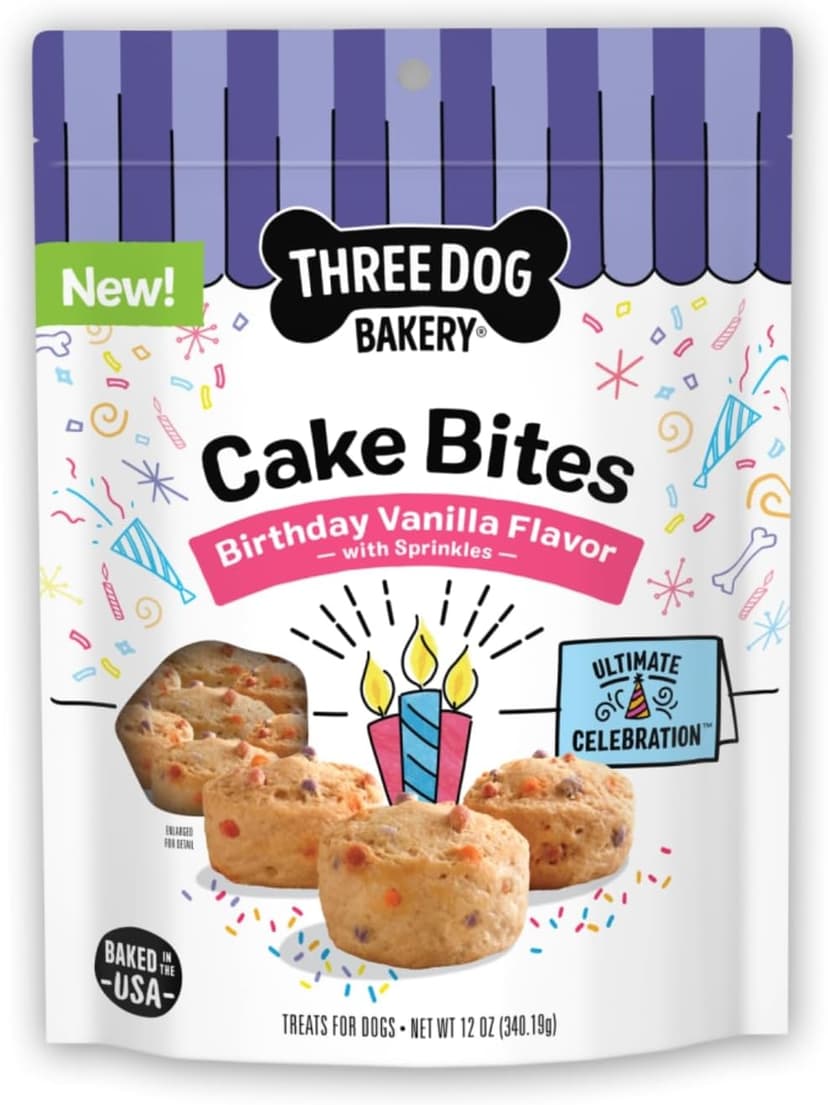 Soft Baked Dog Treats - Birthday Vanilla Flavor with Sprinkles Three Dog Bakery Ultimate Celebration Cake Bites for Dogs - 12 oz Bag B0F8R6638K