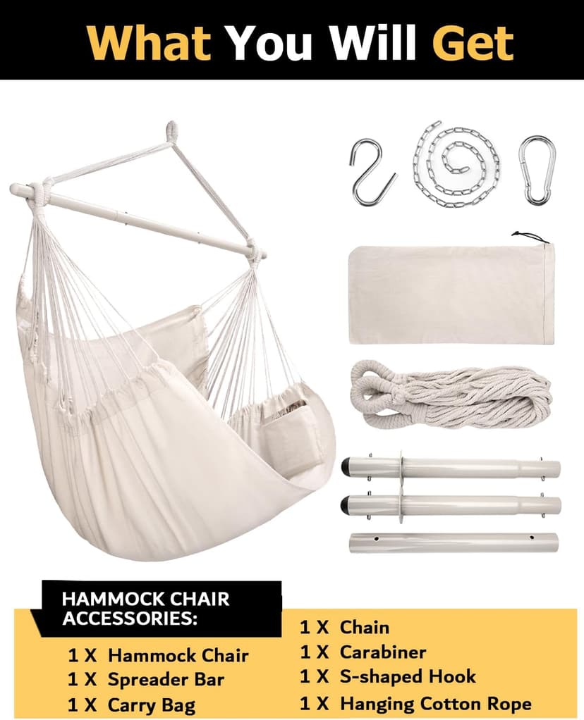 ADVOKAIR Hammock Chair Large 70.9"x47.2", 32% Bigger XXL Hanging Swing Chair with 500lbs Capacity, Heavy Duty Steel Spreader Bar, Extra Roomy Comfort for Adult Indoor Outdoor Bedroom Patio