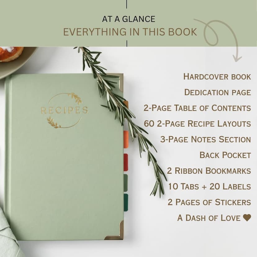 Blank Recipe Notebook | Small Blank Recipe Book to Write in Your Own Recipes | Artisan Hardcover Journal for 60 Recipes | 8.4” x 6” Leather Sage Green & Gold Hardcover | Tabs, Stickers, Pocket & Bookmarks B0D9KZP8TG