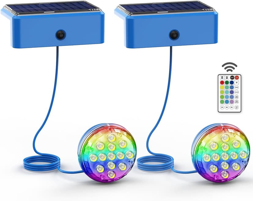 Solar Pool Lights, Solar Powered Submersible LED Lights with Remote IP68 Waterproof, Swimming Pool Light, 16 Colors Pool Light for Frame Above Ground Inground Pool, Pond (Blue, 2 Pack)