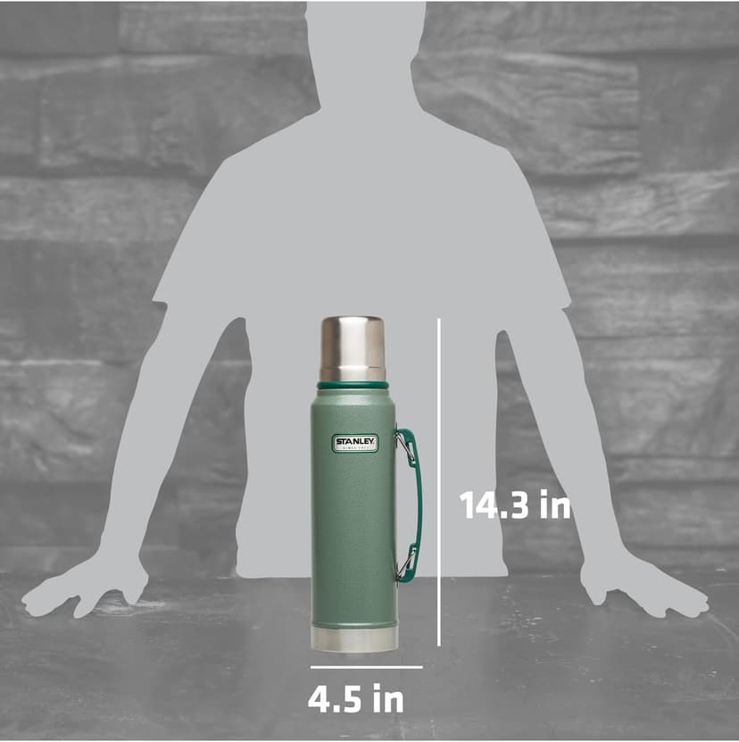 Stanley Heritage Classic Vacuum Bottle with Handle 1.1 qt | Wide Mouth w/Leakproof Cup Lid | Keep Drinks Hot or Cold | Insulated Stainless Steel Thermal Bottle | BPA-Free | Hammertone Green