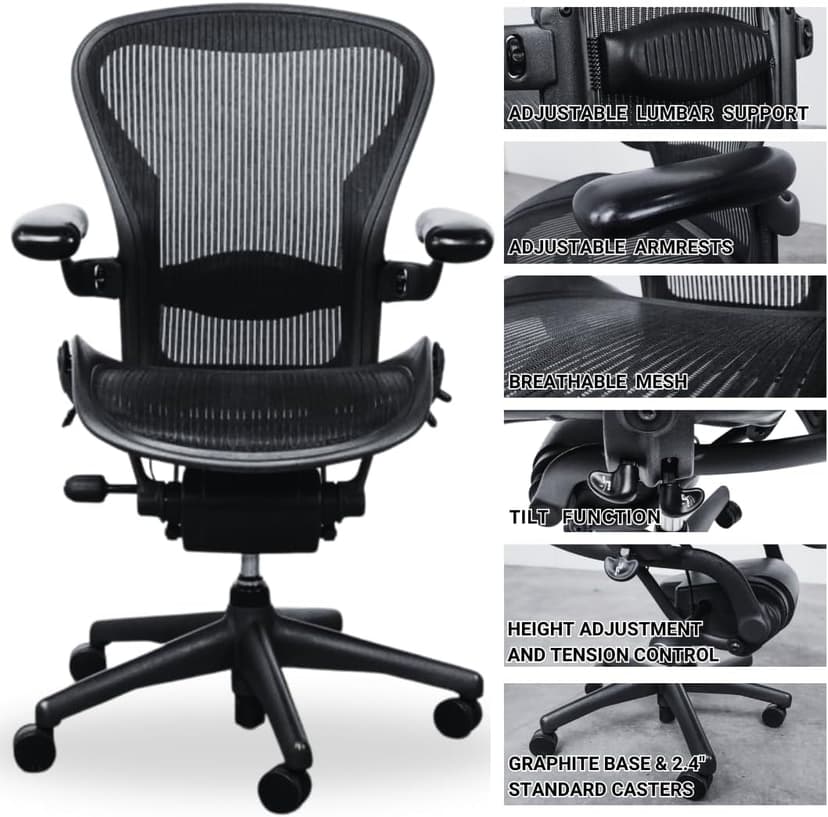 Herman Miller Office Chair Size B | Fully Adjustable with All Features Included| Quick and Easy Assembly| Renewed| 10 Year Warranty| Hardwood Floor Roller Blade Style Wheels Included