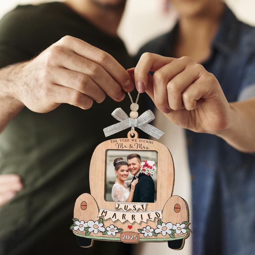 Just Married Personalized Christmas Ornaments - Wedding Gifts for Couples 2025, Bridal Shower Gift for Bride, Custom Wooden Ornaments with Picture, Newly Wed Gifts for The Couple Mr and Mrs Engagement