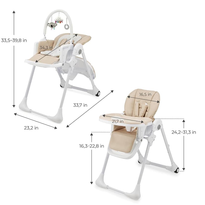 Kinderkraft Tummie, 2-in-1 high Chair, Baby Chair, Ergonomic, Comfortable, Reclining, Foldable, with Ajustable Height, Footrest, Detachable Tray, for Toddler, with Toys, Beige