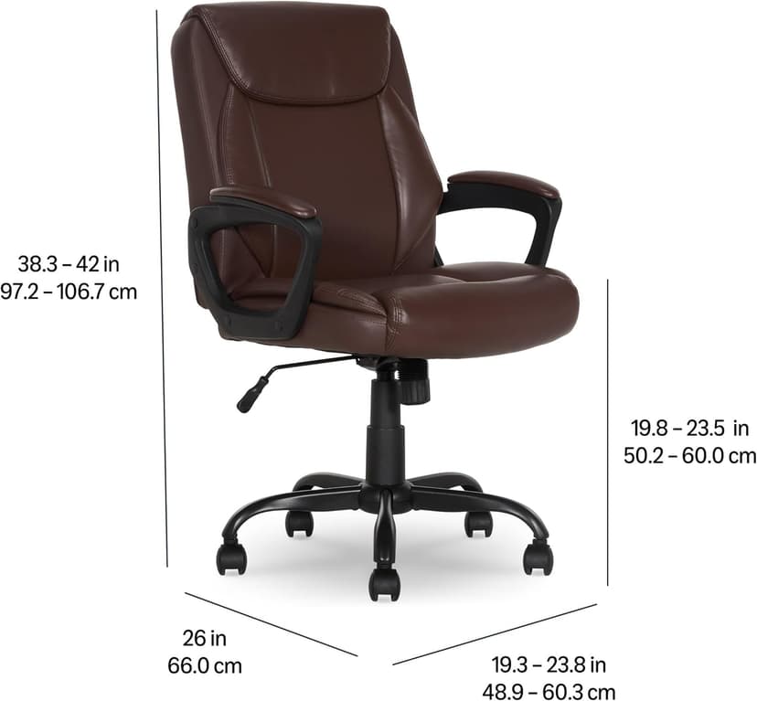 Amazon Basics Classic Puresoft PU Padded Mid-Back Office Chair with Armrest, Height Adjustable, Wheels, 25.75"D x 24.25"W x 42.25"H, Brown