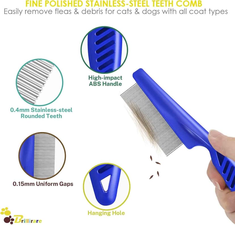 BRILLIRARE 4 Pack Flea Lice Comb, Stainless Steel Dog Cat Grooming Combs with Rounded Teeth, Double Sided Professional Pet Tear Stain Remover, Dematting Tool for Small, Medium & Large Pets