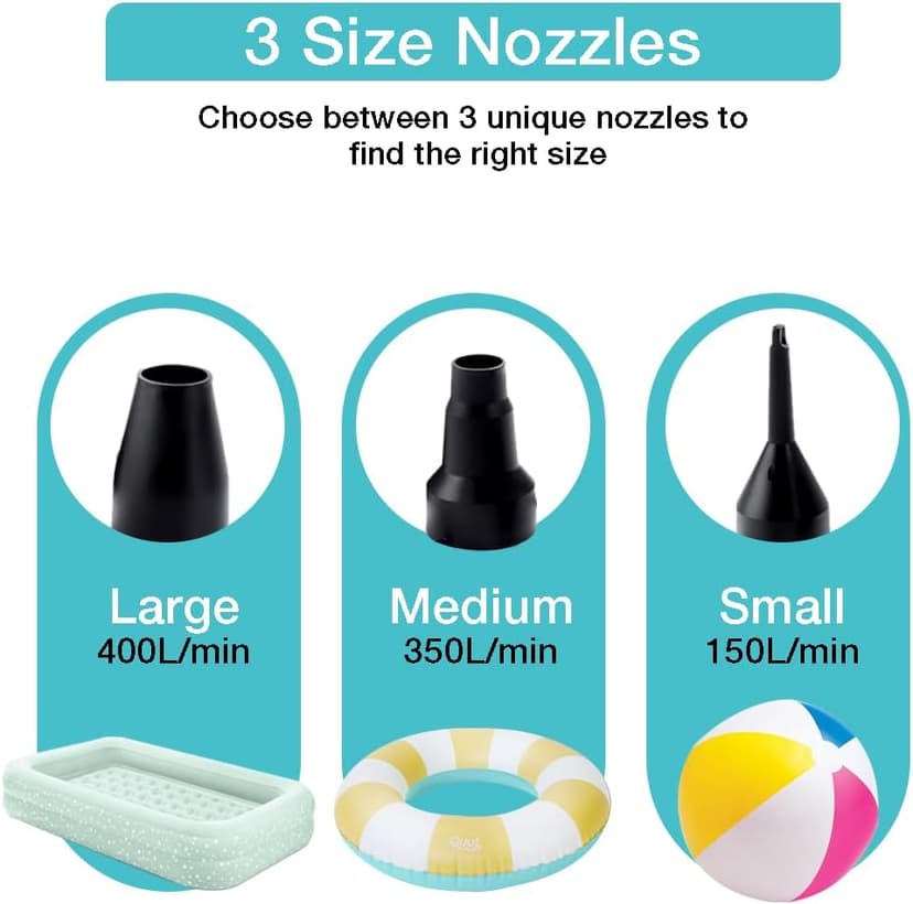 Electric Air Pump,Portable Quick-Fill Air Pump, Air Mattress Pump with 3 Nozzles for Inflatable Boat, Air Mattress Beds,Swimming Ring.Compatible with Home and car Adapter by Inscool (110V AC/12V DC)