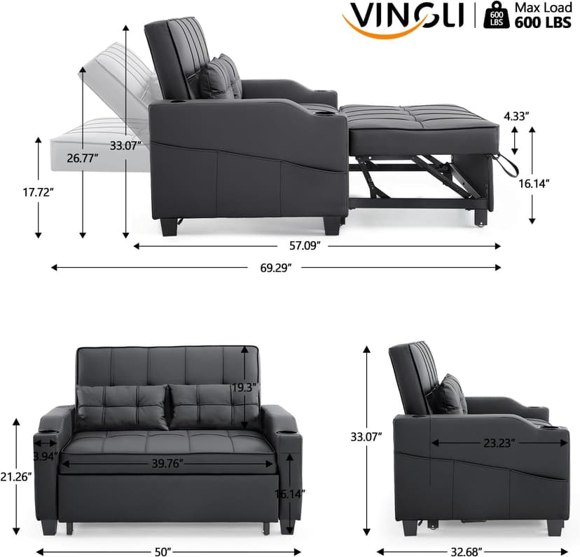 VINGLI Convertible Loveseat Sleeper, Black Faux Leather Futon Sofa Bed Pullout Couch Bed with USB Ports, Cup Holders, Armrest for Living Room, Bedroom, Home Office Apartment