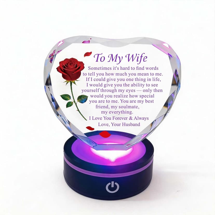 Wedding Anniversary Birthday Christmas Valentine's Day Gift from Husband, To My Wife, K9 Crystal, Color Changing LED Romantic Gifts for Wife Crystal Heart Rose Keepsake LED Base B0GV7TXQF4