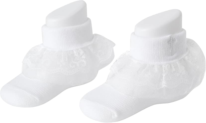 Baptism Socks for Baby Girls - White Newborn Christening Socks With Cross & Eyelet Frilly Lace