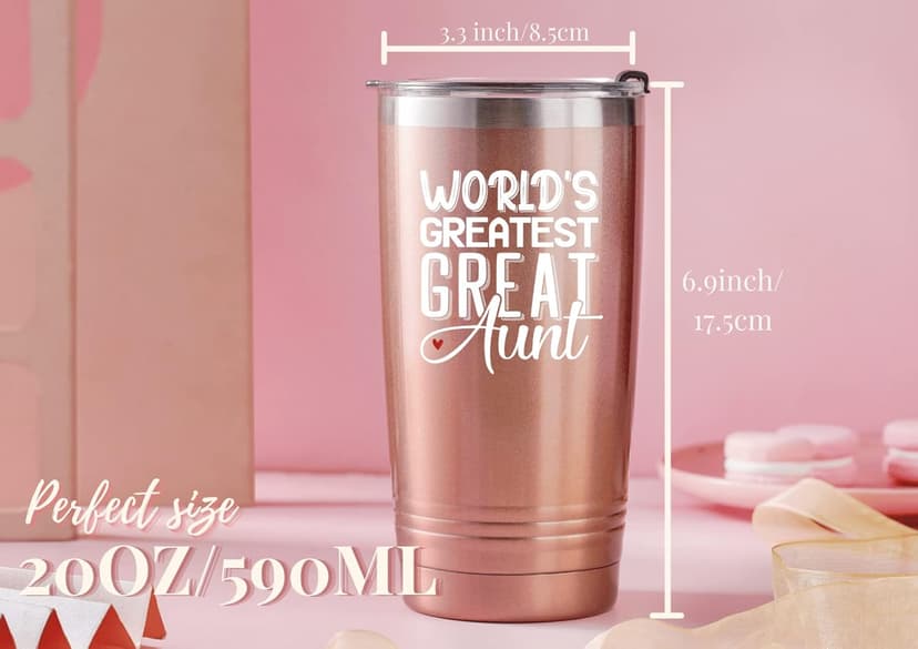Onebttl Great Aunt Gifts from Niece, Nephew, Insulated Stainless Steel Wine Tumbler with Lid and Straw, Auntie Gifts for Mother’s Day, Birthday, Christmas, 20 oz, Rose gold, World's Greatest Great